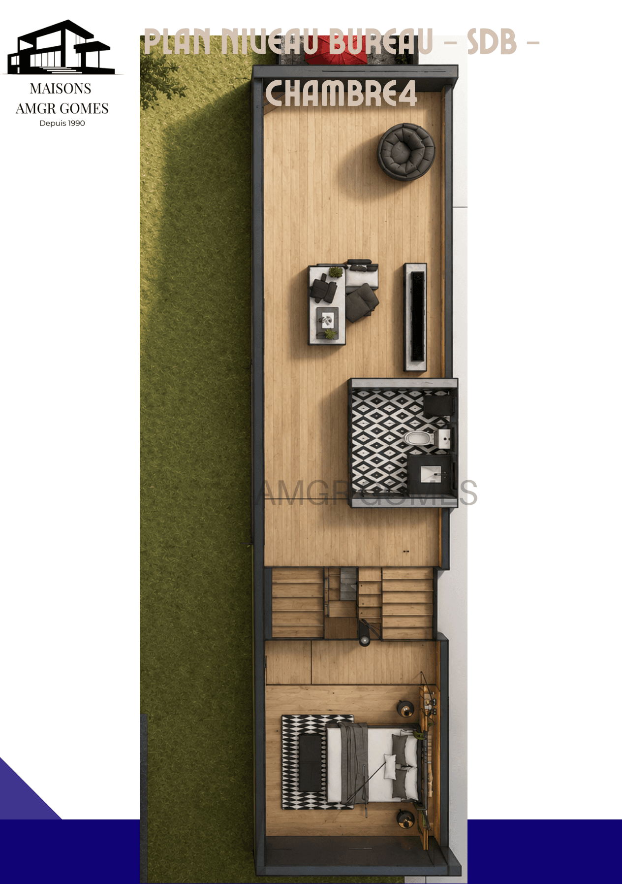 Plan du niveau bureau, salle de bains et chambre de la maison à Saint-Cloud