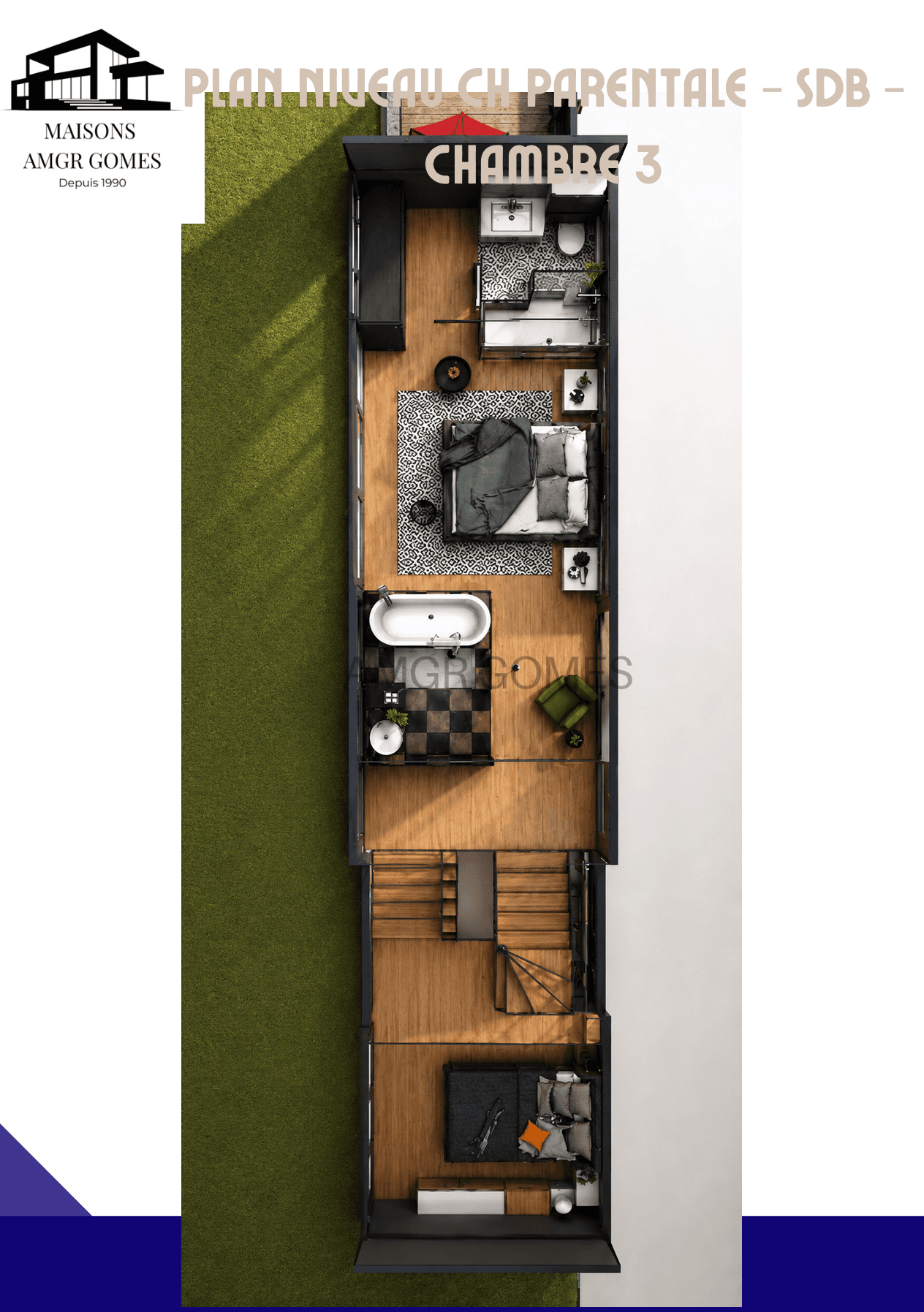 Plan du niveau chambre parentale et salle de bains de la maison à Saint-Cloud
