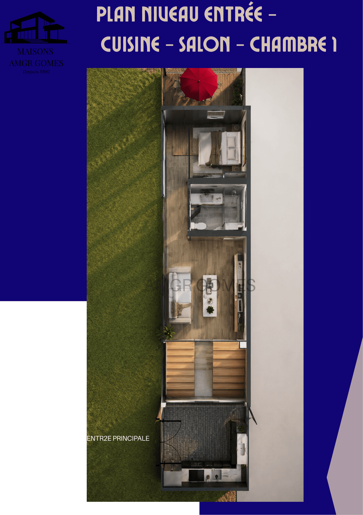 Plan du niveau entrée, cuisine, salon et chambre de la maison à Saint-Cloud