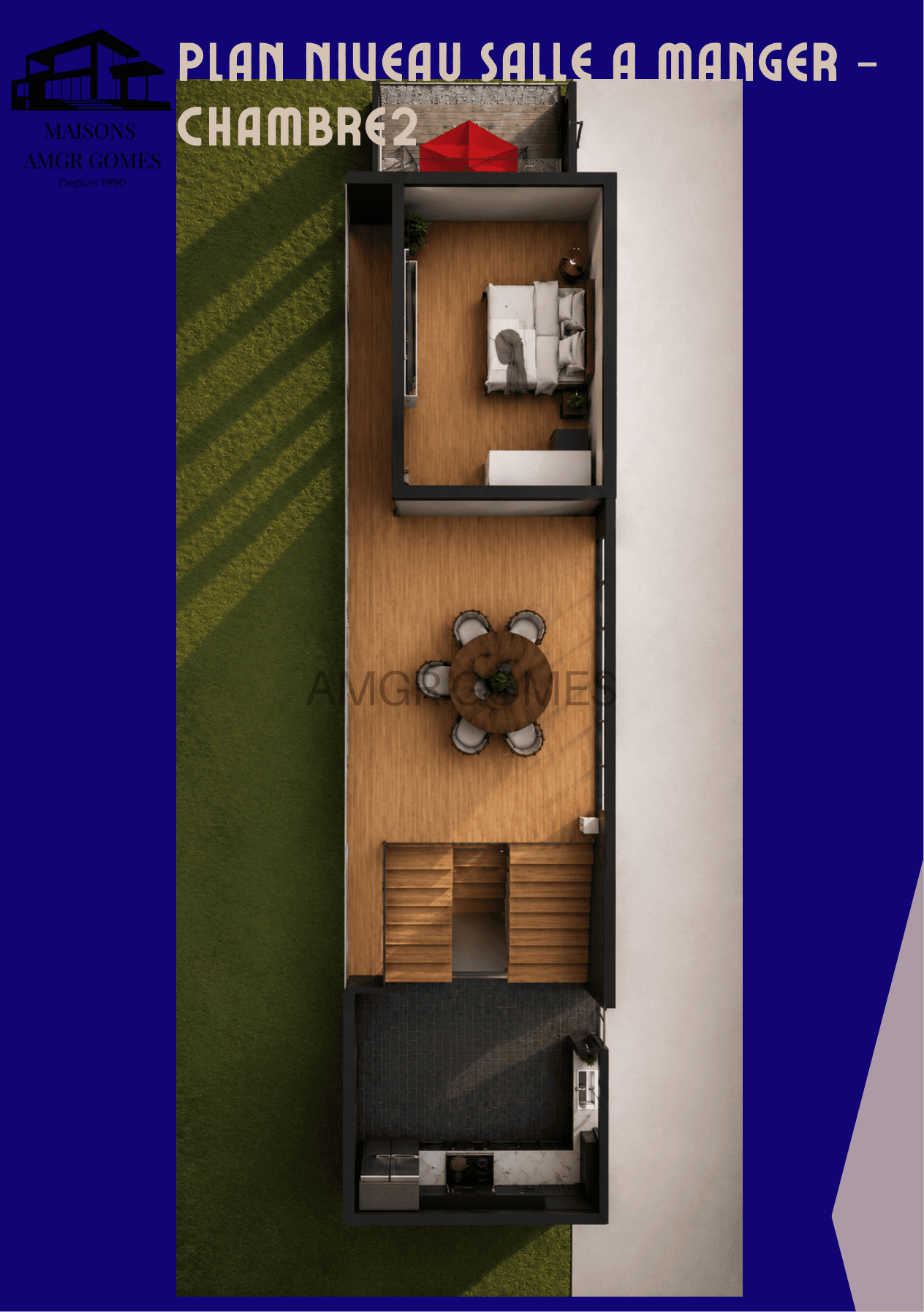 Plan du niveau salle à manger et chambre de la maison à Saint-Cloud